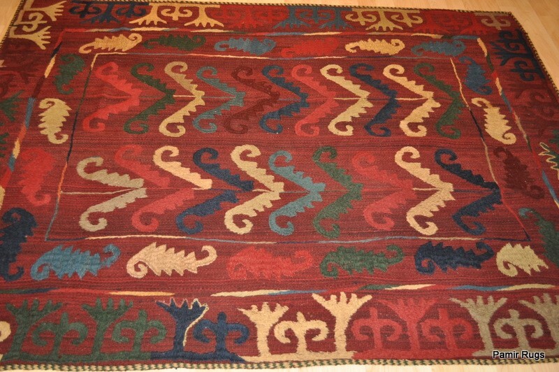 VINTAGE KILIM 5' x 7' wool HAND-WOVEN Tribal hand sewn UZBEK wool area wool rug. gallery