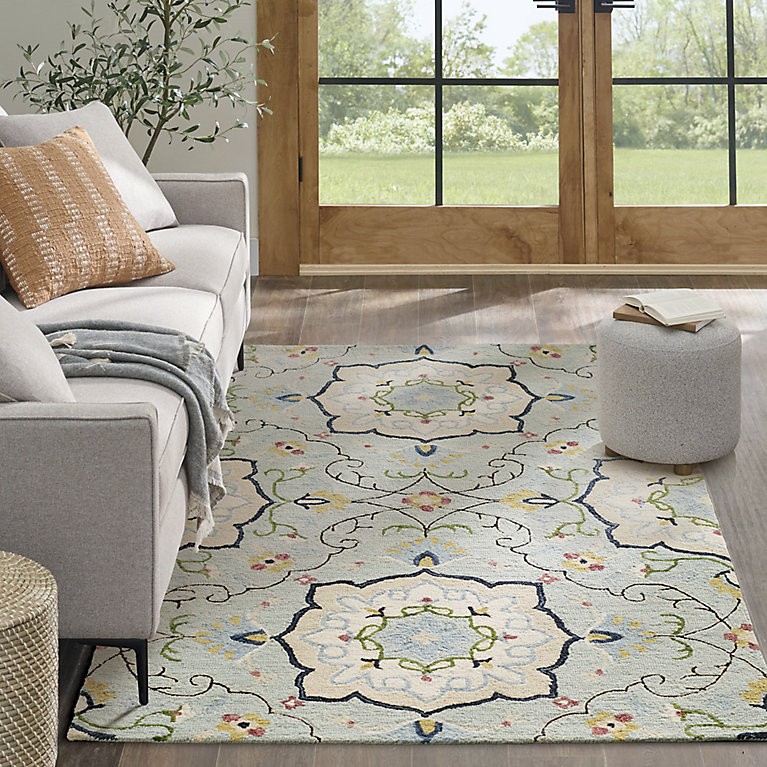 Mint green rug hand tufted Loop weave wool rug oriental style rug bold motif rug gallery