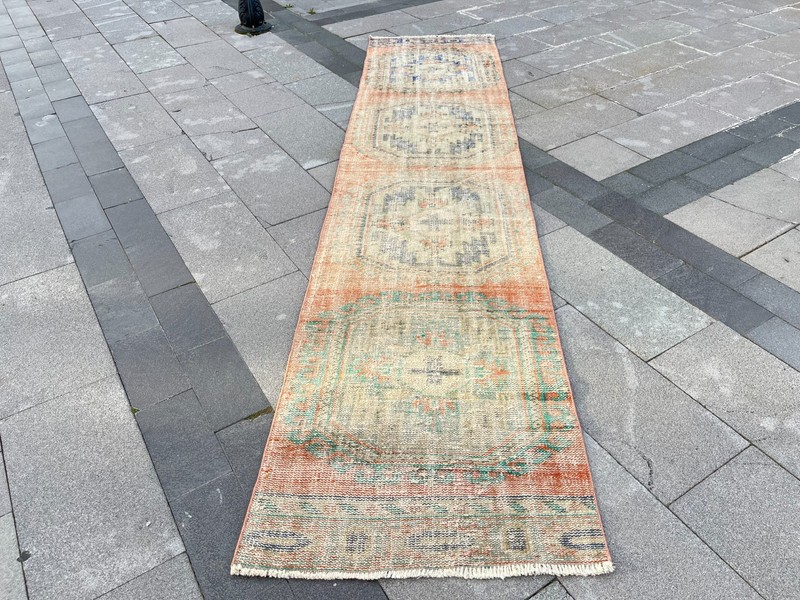 Vintage Oushak Runner 2.4x10.8 ft Antique Turkish Faded Pastel Hallway Rug gallery