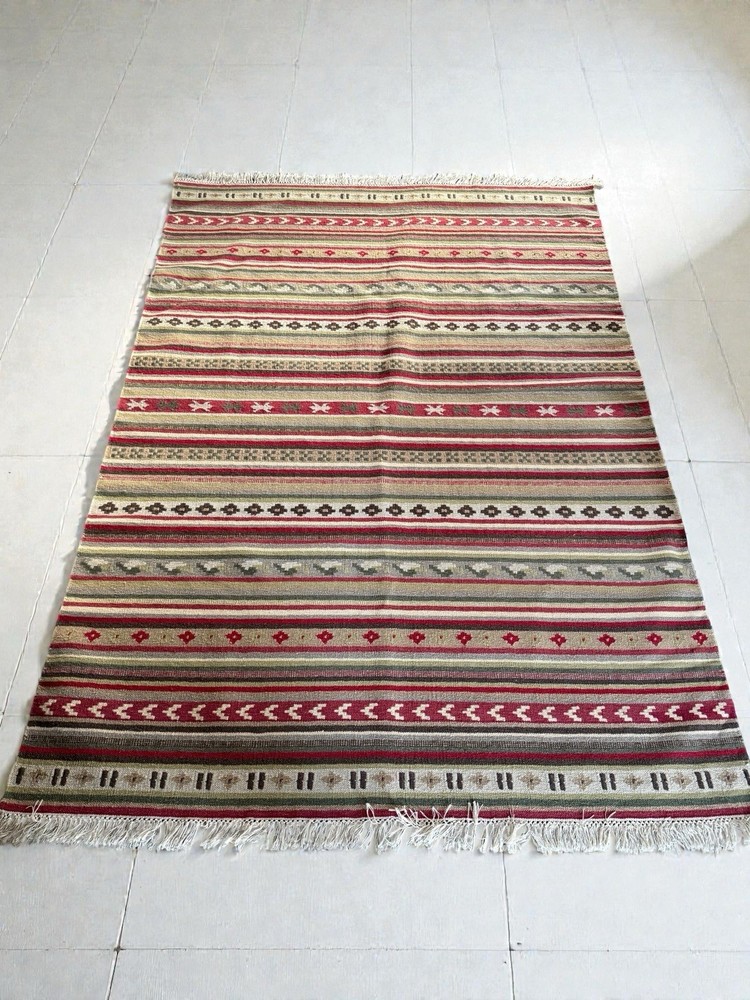 Handwoven Wool Kilim Rug 55” x76” Tribal Geometric Flatweave Southwestern Style