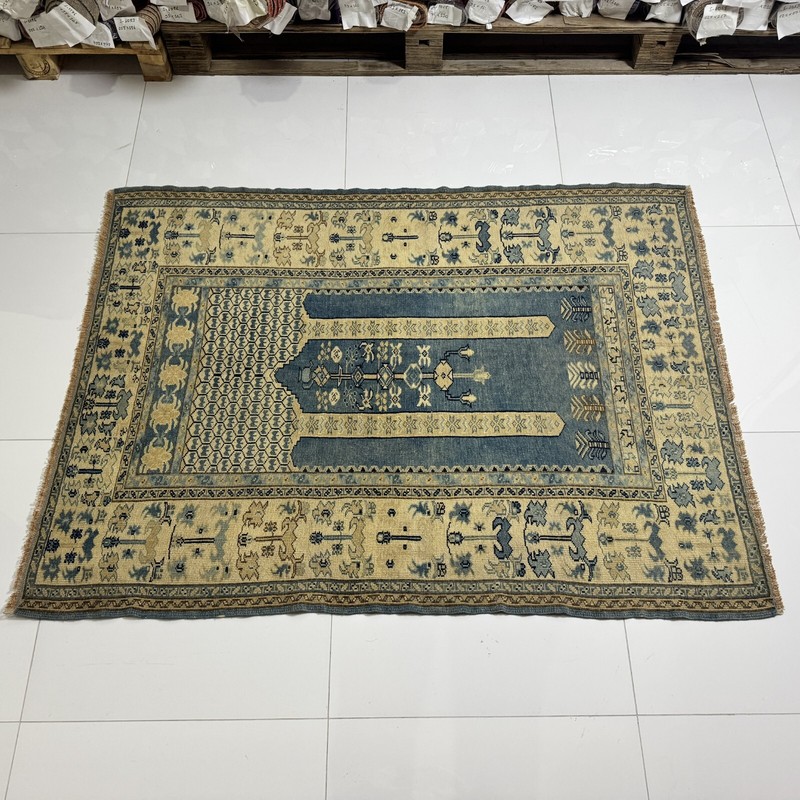 Vintage Hand Knotted Wool Oushak Rug, 4x5 Oriental Turkish in Blue Beige Tones gallery