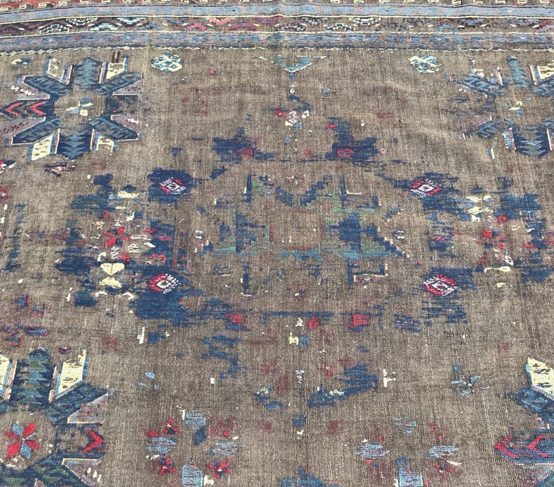 AN AWESOME ANTIQUE SUMAC RUG WITH EXCEPTIONAL DARK CAMEL HAIR BACKGROUND COLOR gallery