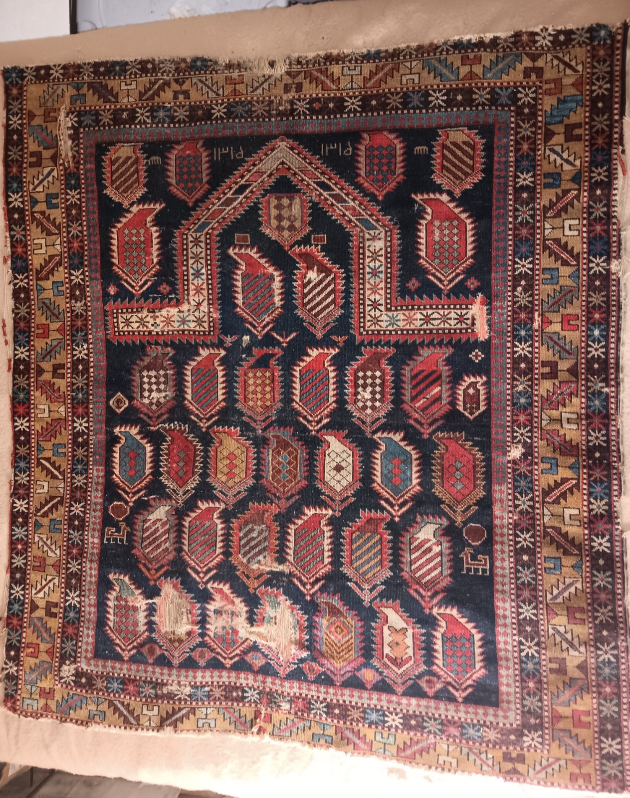Caucasian Marasali VINTAGE 1900s Hand Knotted SIGNED 47 x 51 Wool Prayer Rug gallery
