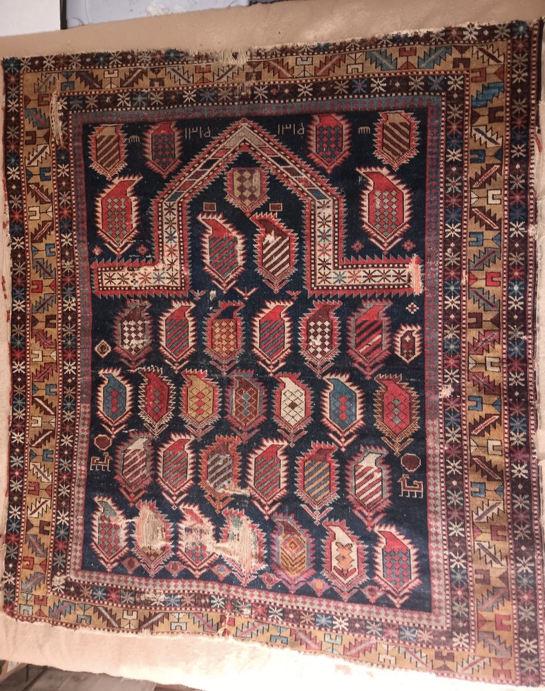 Caucasian Marasali VINTAGE 1900s Hand Knotted SIGNED 47 x 51 Wool Prayer Rug