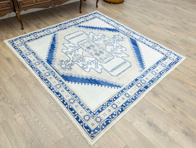 6.9x6.5 ft Oushak Square Rug, Vintage Style Turkish Handknotted Wool Area Carpet gallery