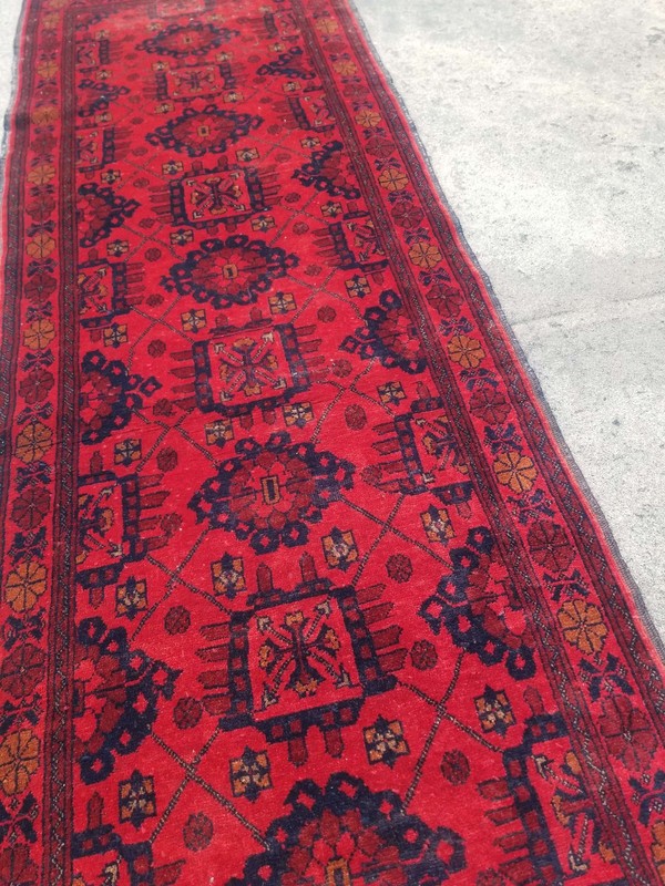 Vintage Distressed Hand Made Traditional Oriental Wool Red Rug 289x83cm gallery