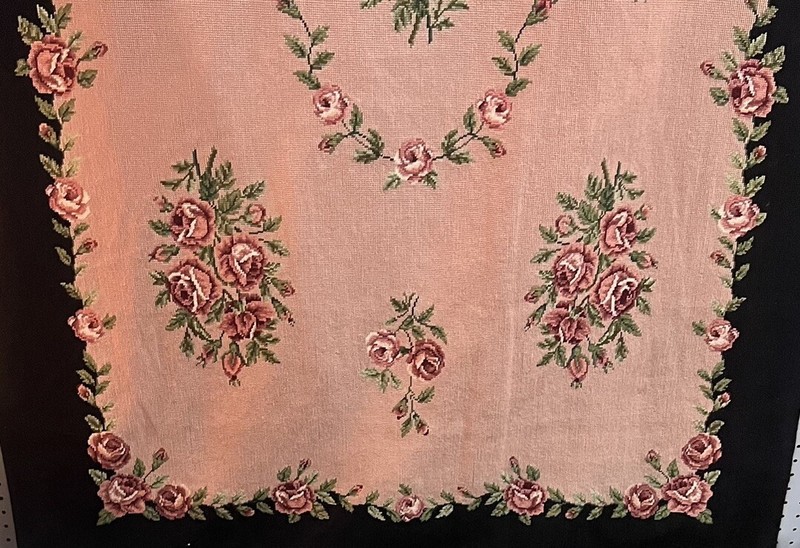VTG Tapestry Crewel Embroidered Handmade 1941 Black/Pink Floral Rose Rug 77"x48" gallery