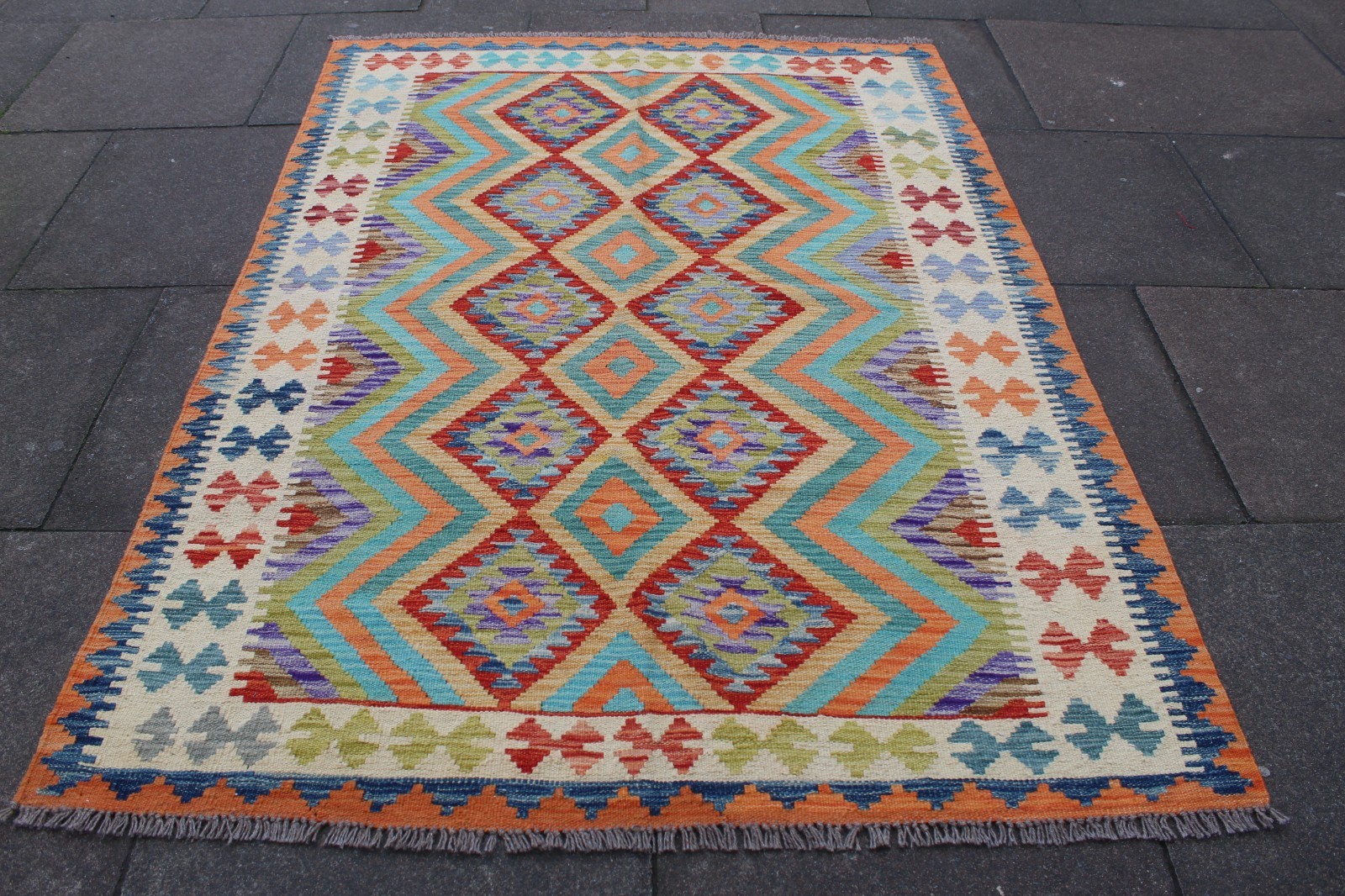 Kilim Vintage Traditional Hand Made Oriental Orange Green Wool Kilim 210x152cm gallery