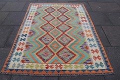Kilim Vintage Traditional Hand Made Oriental Orange Green Wool Kilim 210x152cm