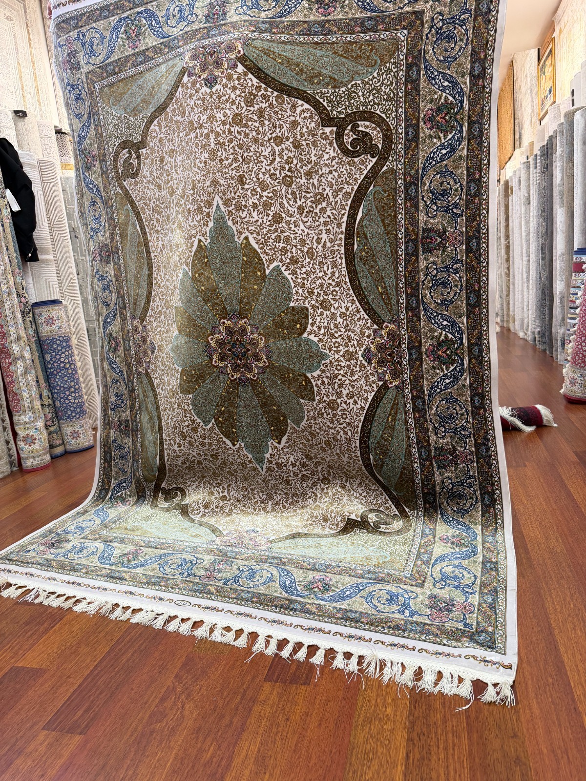Turkish Pure Silk Rug Luxury Oriental Carpet Floral Mint Green 8x11 ft gallery
