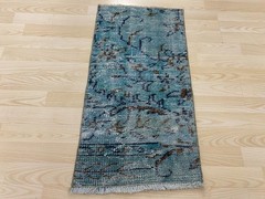 Antique Turkish Rug 1.3×2.5 ft Vintage Turquoise Overdyed Small Boho Mat Carpet
