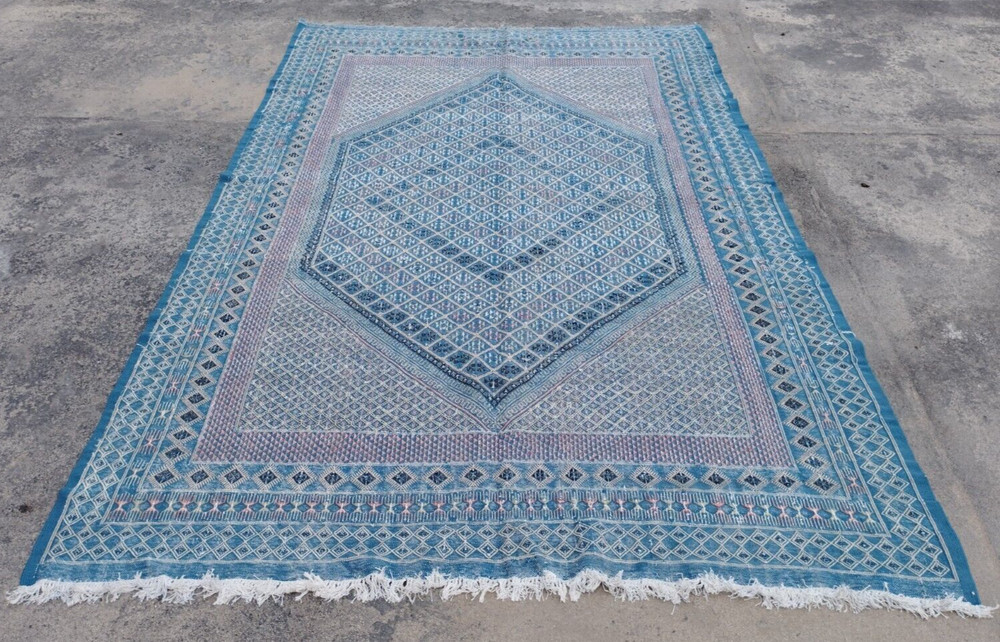 Antique Moroccan Geometric Motif Multicolor Wool Kilim Rug Carpet 284x181 cm