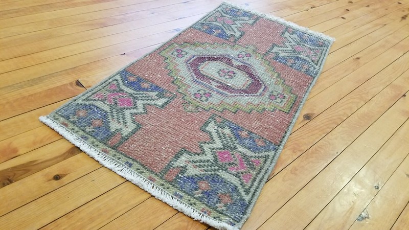 Primitive Antique 1900-1930's Wool Pile, 1'5' x 2'11" Vegy Dye Tribal Rug gallery