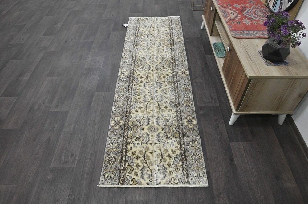 Vintage Turkish Runner Rug 2x7ft YELLOW Handmade Anatolian Oushak Hallway Wool