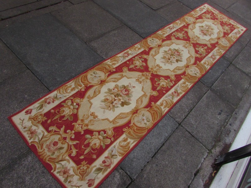 Fine Vintage Hand Made French Design Wool Red Original Aubusson Runner 317X75cm gallery