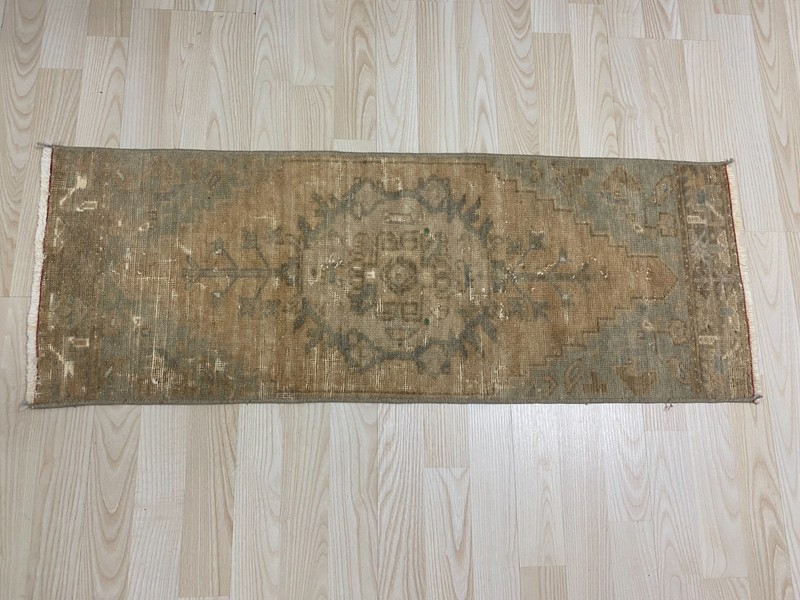 Vintage Handwoven Turkish Small Rug 1.3x3.4 ft Wool Distressed Neutral Carpet gallery