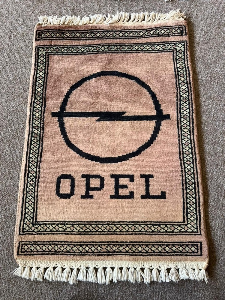 Vintage Opel Car Logo Rug 2.7x3 ft Beige Black Fringe Auto Garage Decor