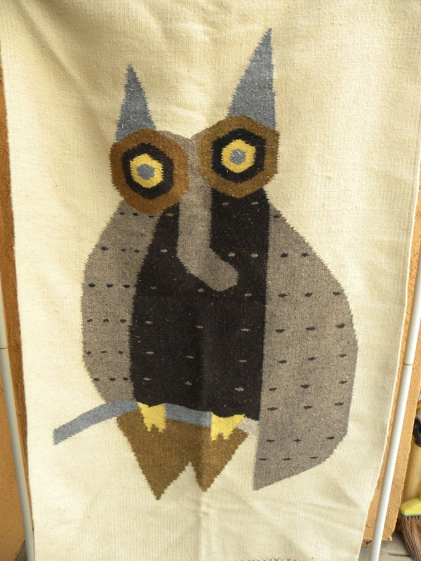 A Handwoven Wool Hanging/ Accent Rug Decorated W/ A Modernistic Owl Image gallery