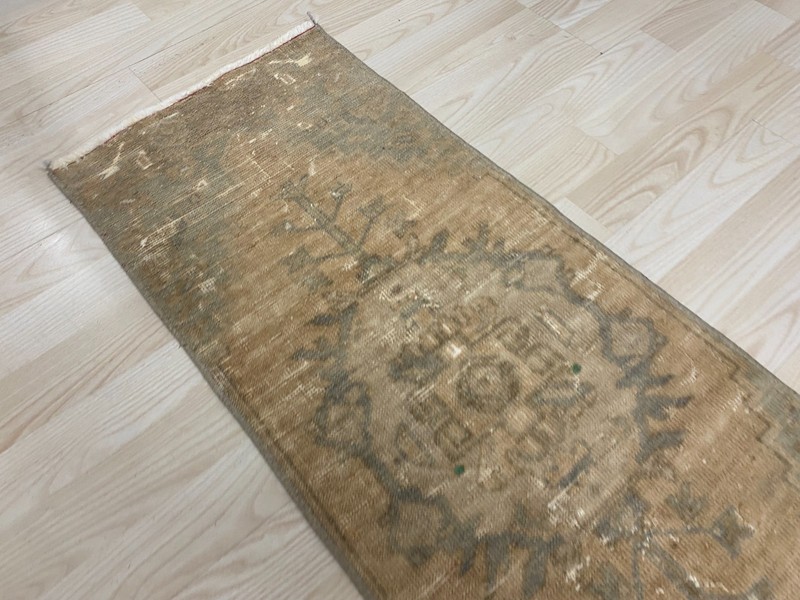 Vintage Handwoven Turkish Small Rug 1.3x3.4 ft Wool Distressed Neutral Carpet gallery