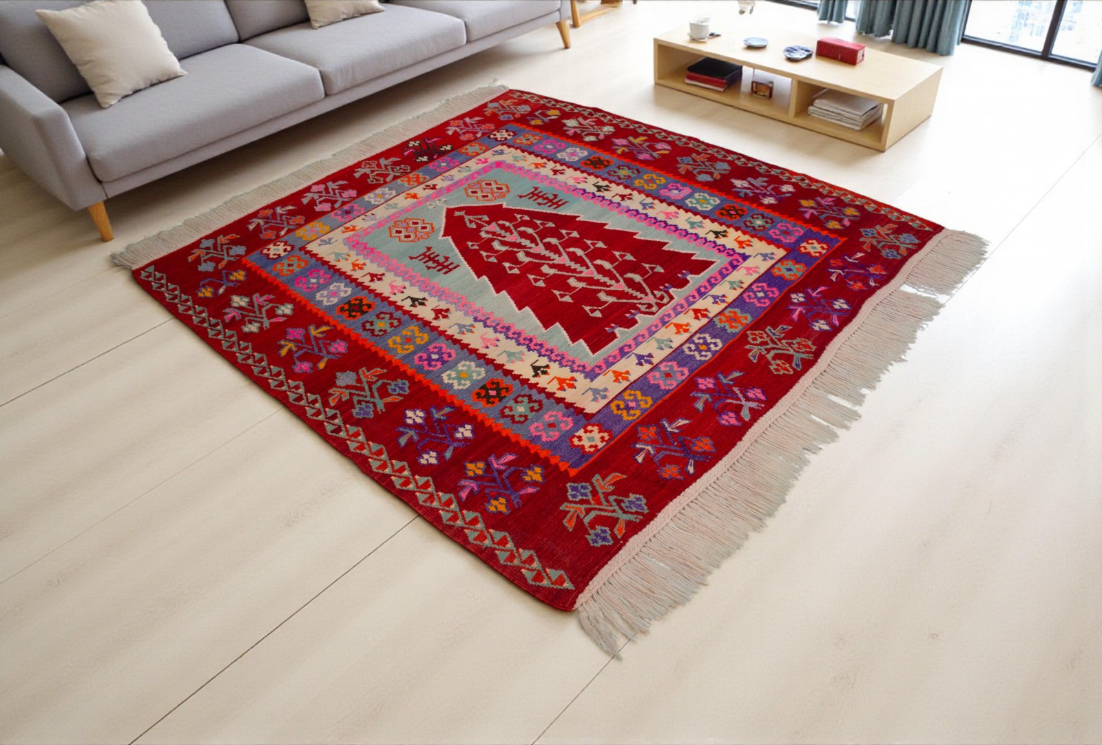Antique Rug, Turkish Kilim Rug, Handmade Rug, Christmas Tree of Life Rug, 6 x 6 gallery