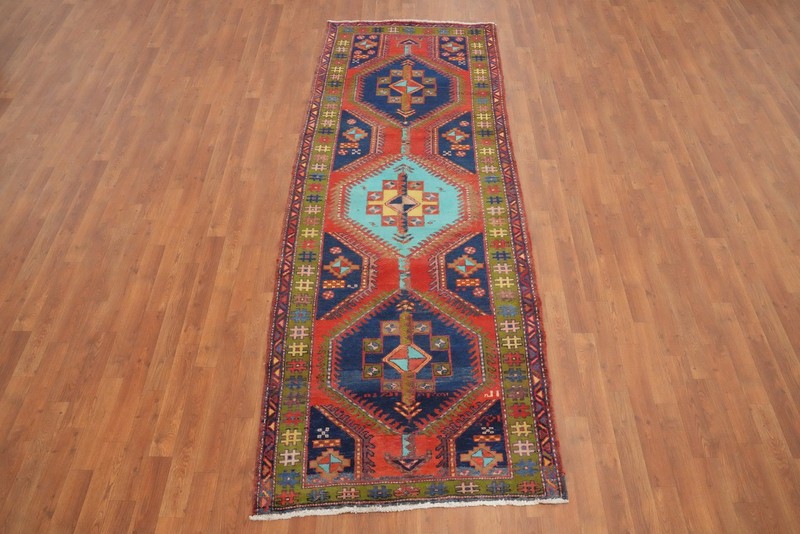 Vintage Geometric Rust Wool Hand-knotted 10 ft Runner Rug Tribal Carpet 4x10 gallery