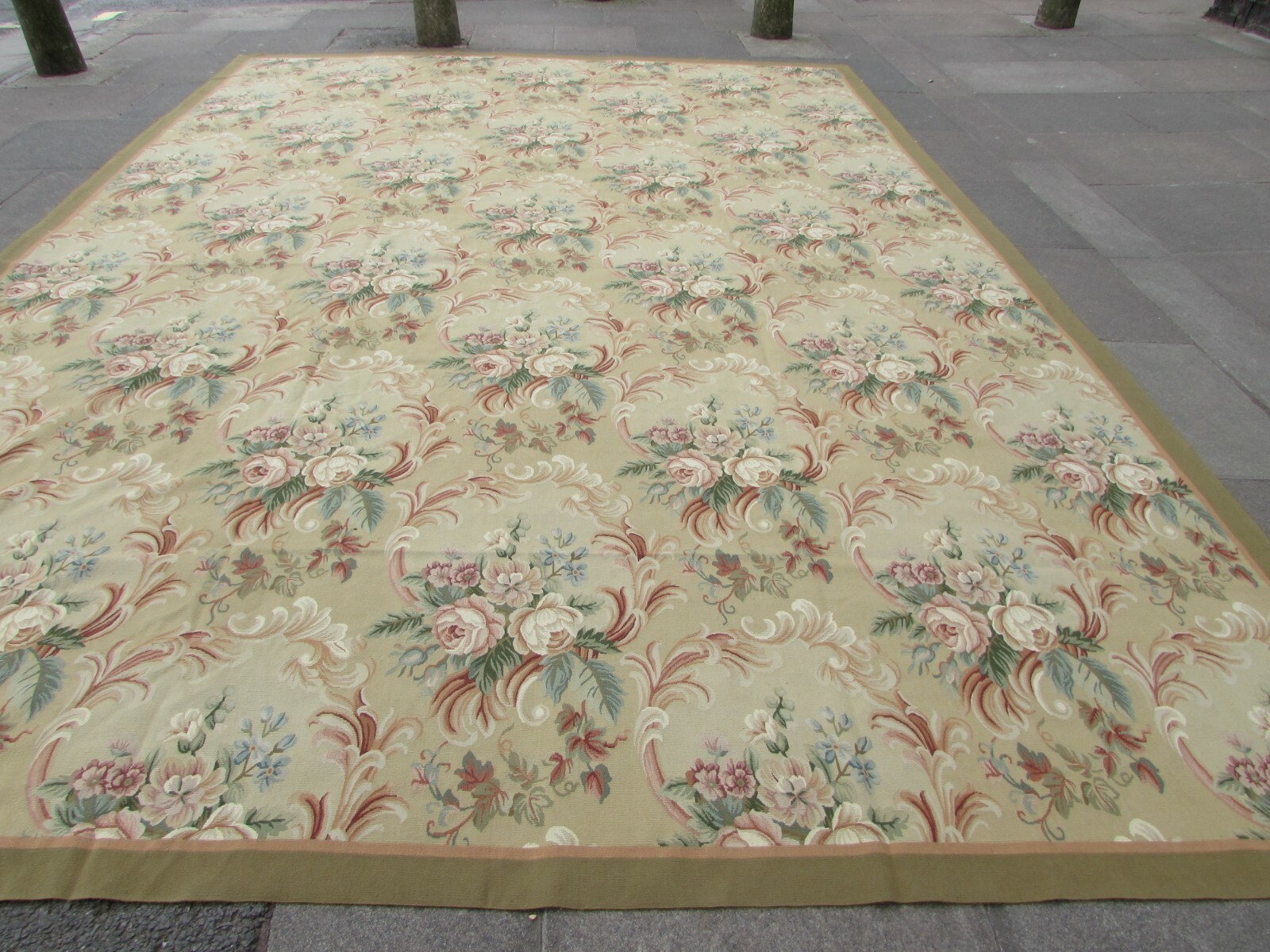 Vintage Hand Made French Design Wool Beige Green Original Aubusson 440X312cm gallery