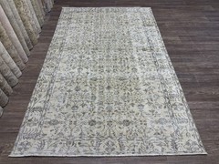 5×9 Hand-Knotted Wool Vintage Beige Turkish Living Room Area Rug, 5.2×8.6 ft