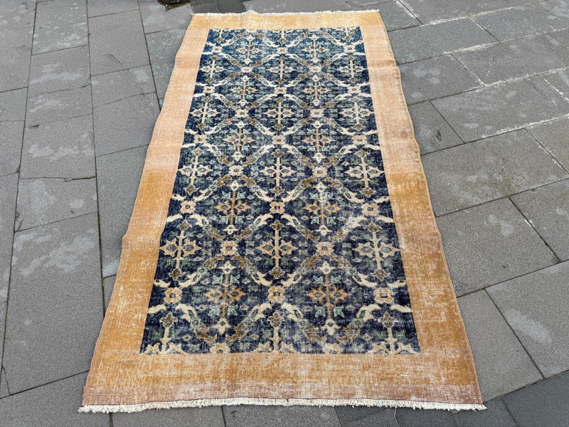 Vintage Turkish Rug 3.7x6.9 ft Blue Beige Handmade Wool Area Rug Distressed gallery