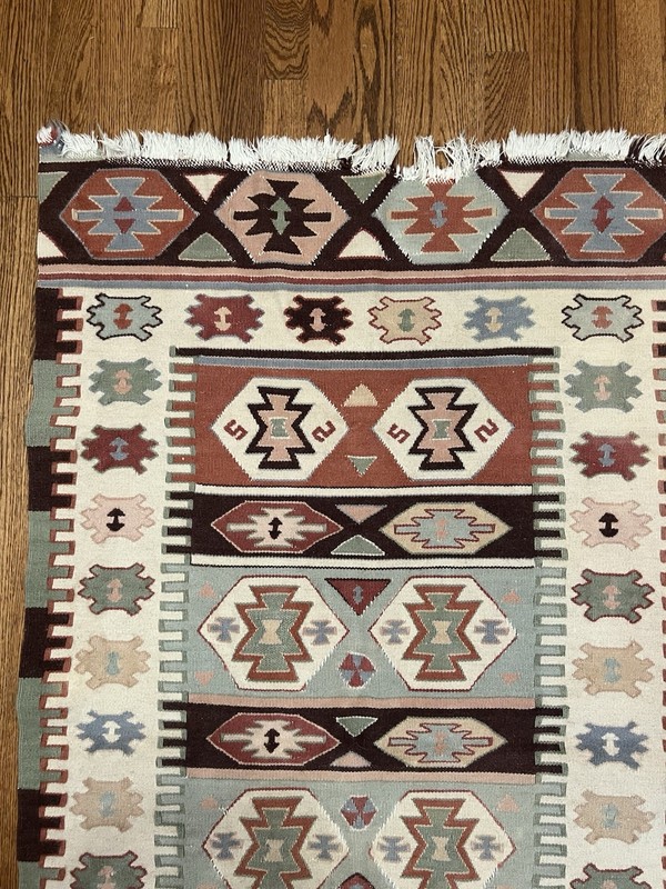 VTG 1970’s TURKISH KILIM TAPESTRY TEXTILE WALL HANGING RUNNER RUG WOOL 59" X 32" gallery