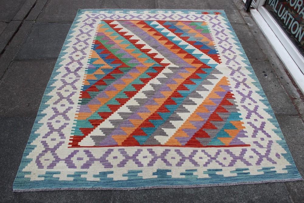 Kilim Vintage Traditional Hand Made Oriental Blue Red Wool Kilim 194x156cm