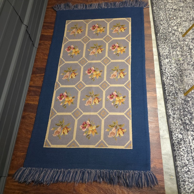 Vintage Needlepoint Floral Runner Rug Navy Blue Wool Lattice 53x28 Cottage Style gallery