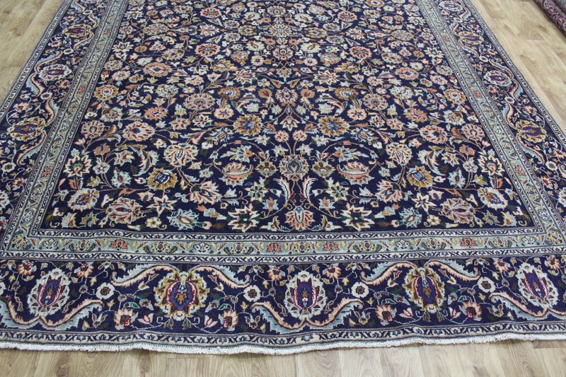 Large Oriental Keshan Wool Carpet 360x260cm 11’10 x 8’6 Blue Floral Medallion gallery