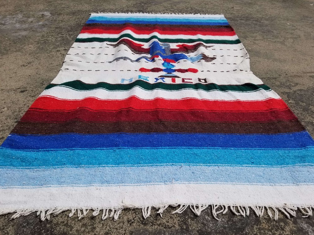 Vintage Traditional Handmade Mexican pictorial Wool Multicolor Kilim 186x111cm