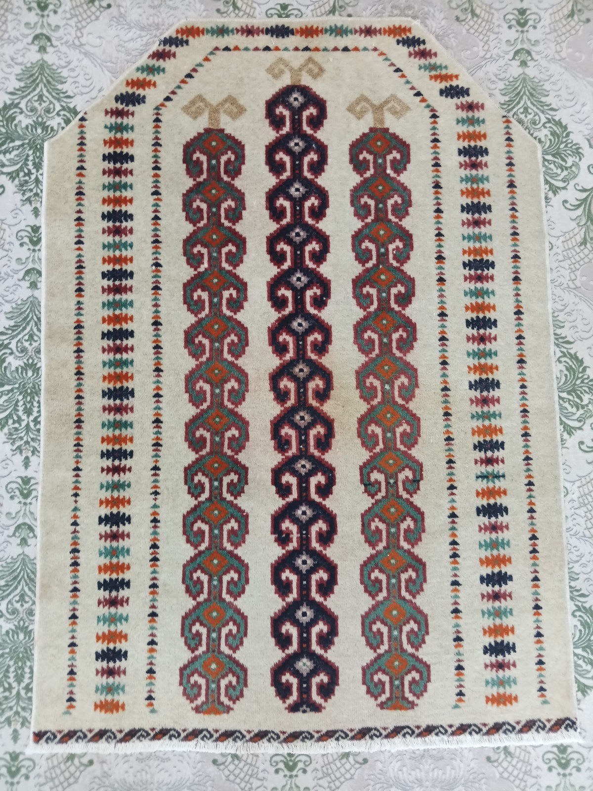 Green Beige Oriental Rug Antique Prayer Rug Bohemian Decor Rug Wool Oushak Rug gallery