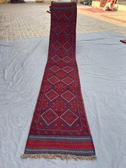 Vintage Handmade Mishwani Runner Rug – Red & Blue Tribal Wool Kilim Entryway Rug