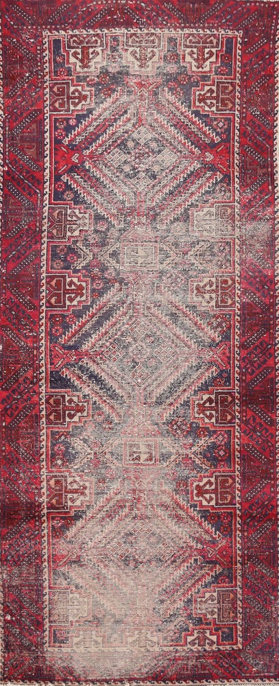 Navy Blue & Red Balouch 10 ft Runner Rug Vintage Hand-made Hallway Carpet 3x10