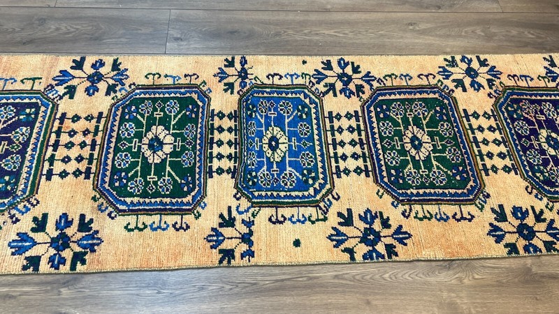 2.6 x 9.6 ft Yellow Rug, Blue Rug, Handmade Runner Rug, Oushak Runner Rug gallery