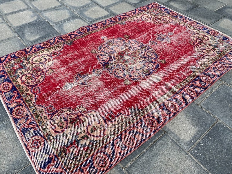 Vintage Turkish Area Rug 3.7 x 5.8 ft Hand Knotted Wool Red Distressed Carpet gallery