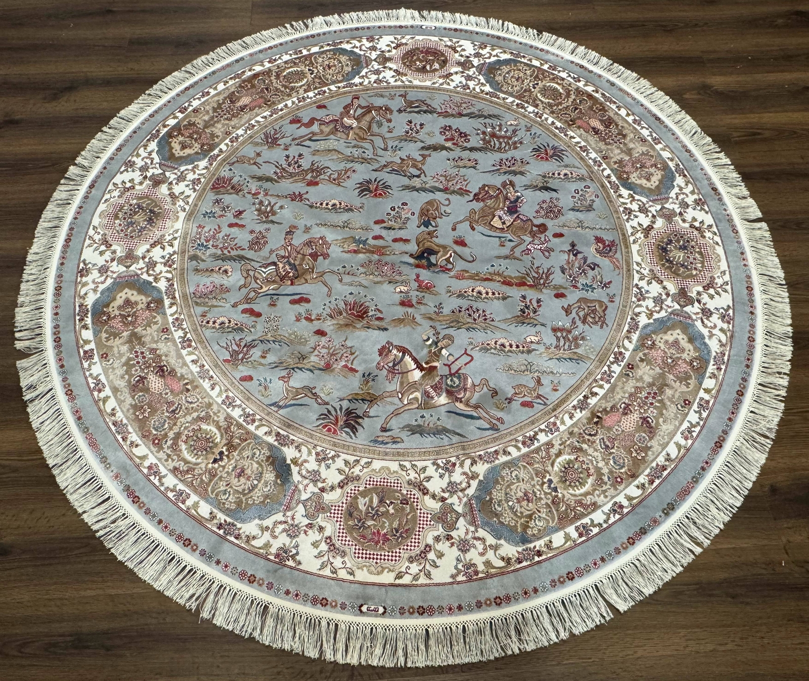 Round Silk Rug 6x6, Hunting Design, Bamboo Silk, Animal Pictorials gallery