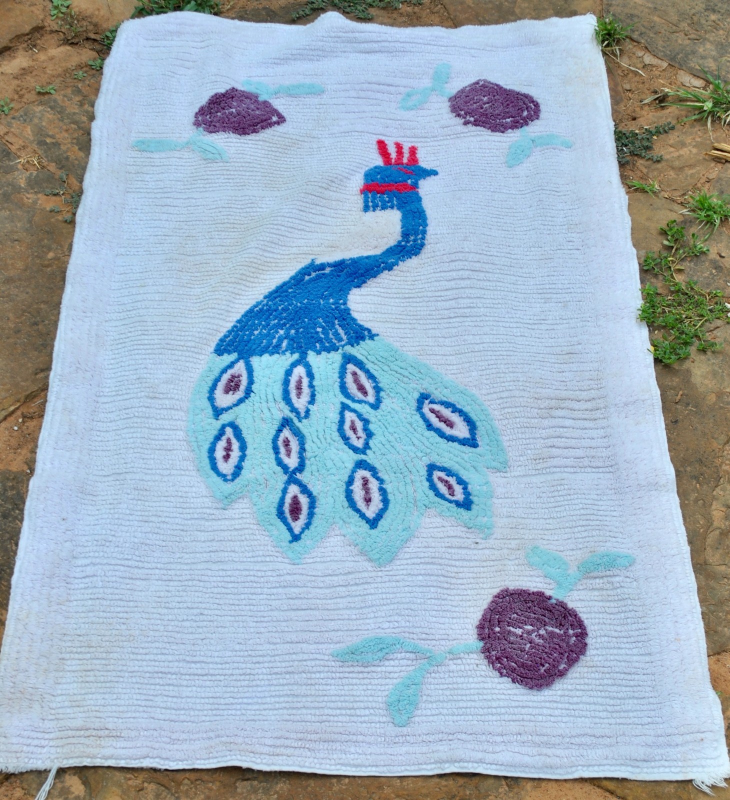 Vintage 100% Cotton Turquoise Blues Purple Flowers Peacock Chenille Rug 48” x 58 gallery