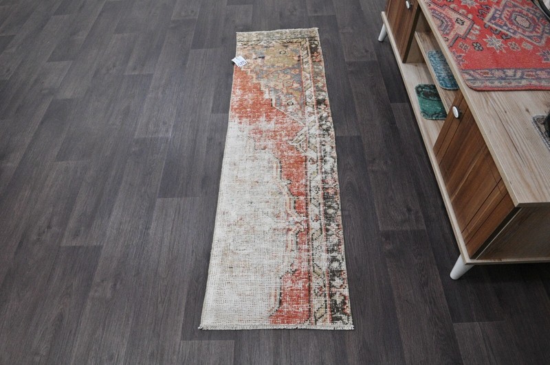 Vintage Turkish Runner Rug 2x5ft ORANGE Handmade Anatolian Oushak Hallway Wool gallery
