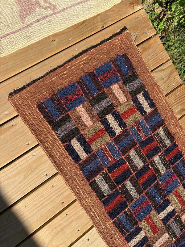 Vintage Bars in Squares Geometric American Hooked Rug 46'' X 25'' Antique 1940's gallery