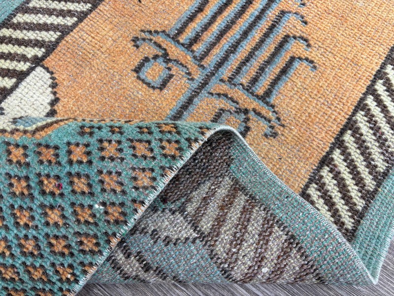2x5 Copper & Turquoise Vintage Turkish Hallway Runner, Hand-Knotted Wool Rug gallery