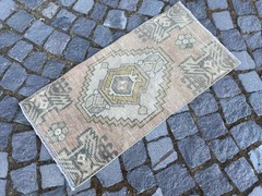 Vintage Turkish Rug, Hand-Knotted Wool, Peach Sage Muted Tribal Small Doormat Ma