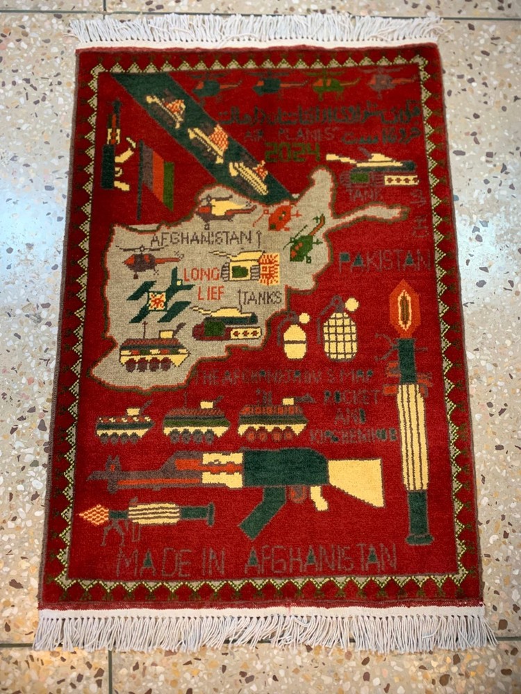 Authentic 1.6ft Afghan War Rug - Hand-Knotted Wool - 2024 Map & Military Folk Ar