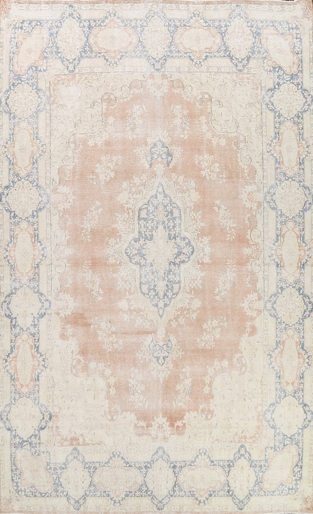Muted Distressed Area Rug 10x13 Traditional Hand-knotted Wool Geometric Carpet