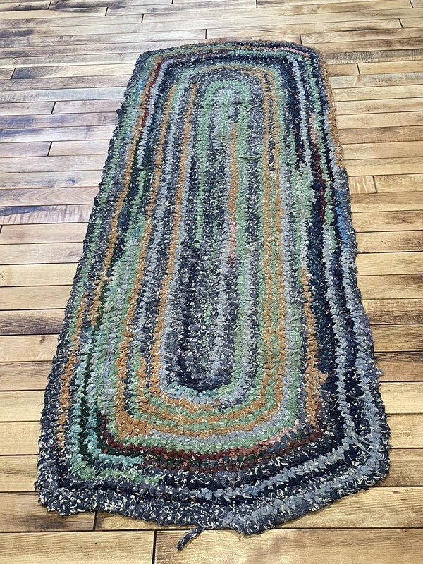 Antique Primitive Hand Woven Braided Rug Blue/Green/Orange Area 4’4”x21” gallery