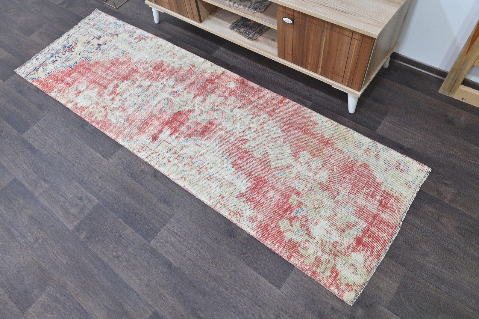 Vintage Turkish Runner Rug 2x7ft RED Handmade Anatolian Oushak Hallway Wool gallery