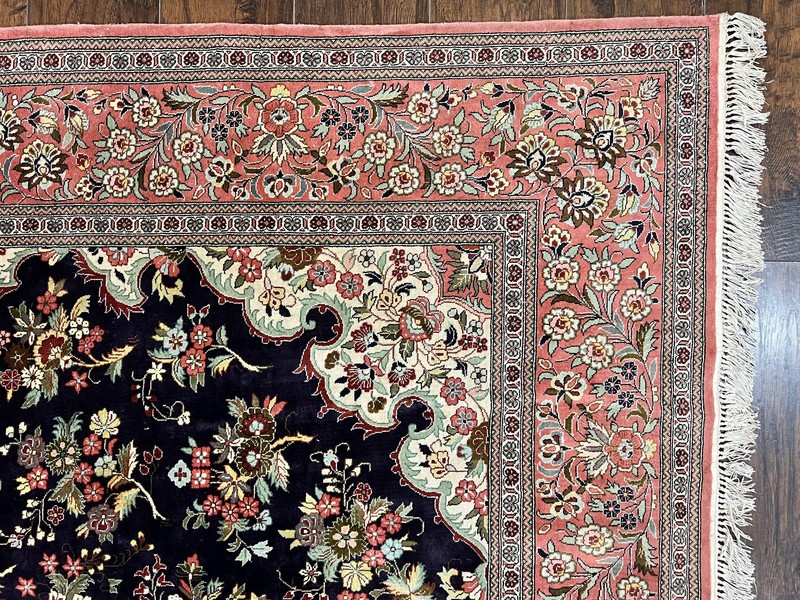 Stuning Silk Oriental Rug 7x9 Fine Handmade Navy Blue & Salmon Floral Medalion gallery