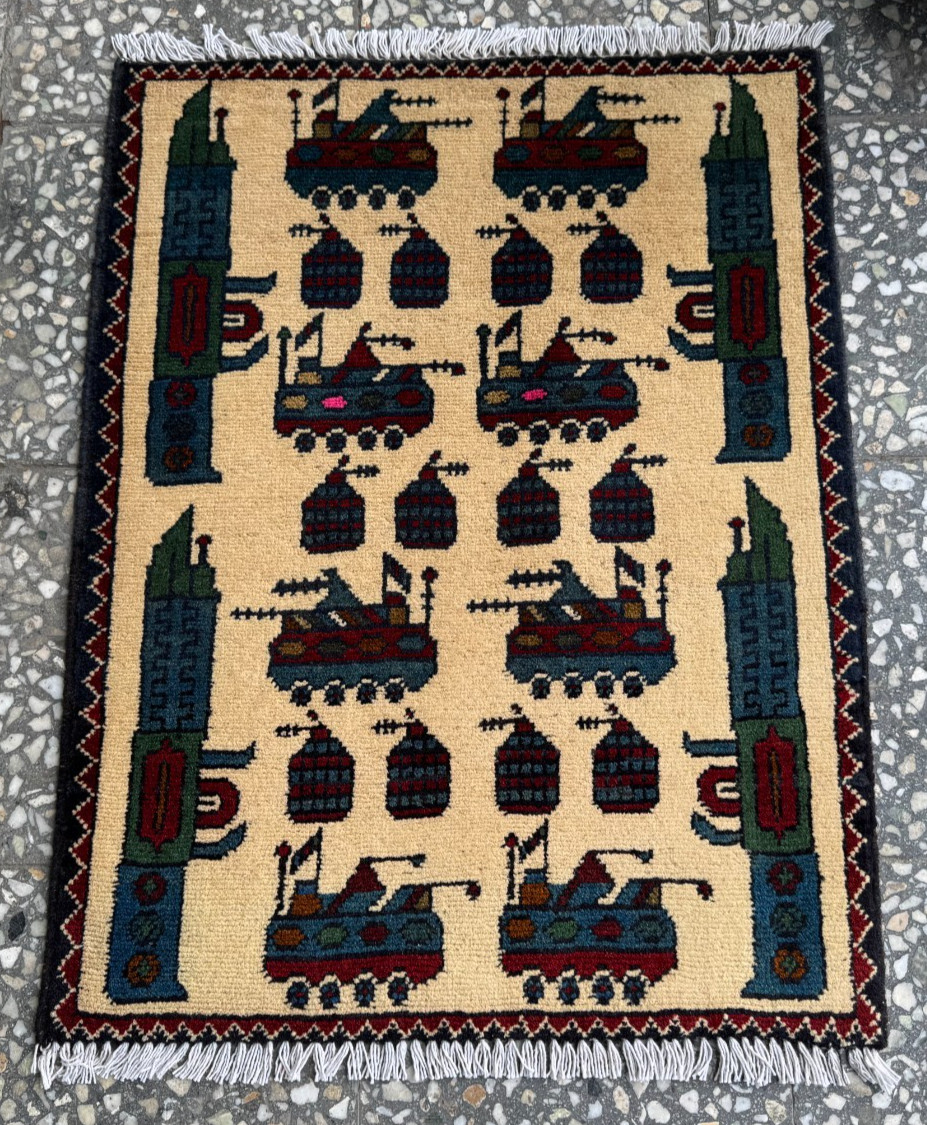 2x3 Afghan Hand Knotted War Rug Tanks Rifles Beige Wool Carpet New gallery